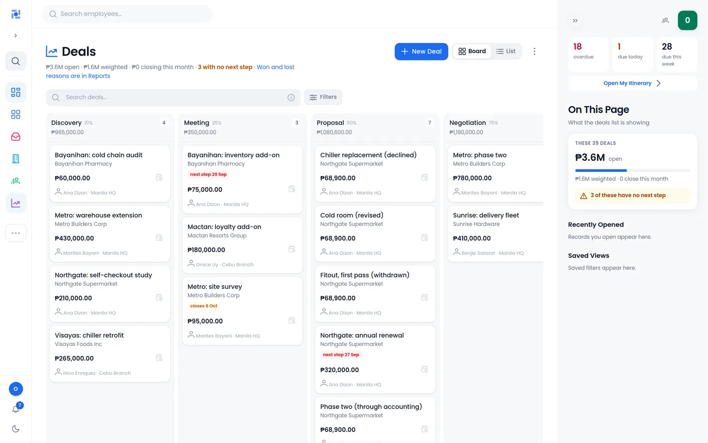 Quavora CRM deals board