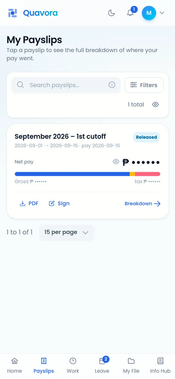 Quavora payslip on a phone