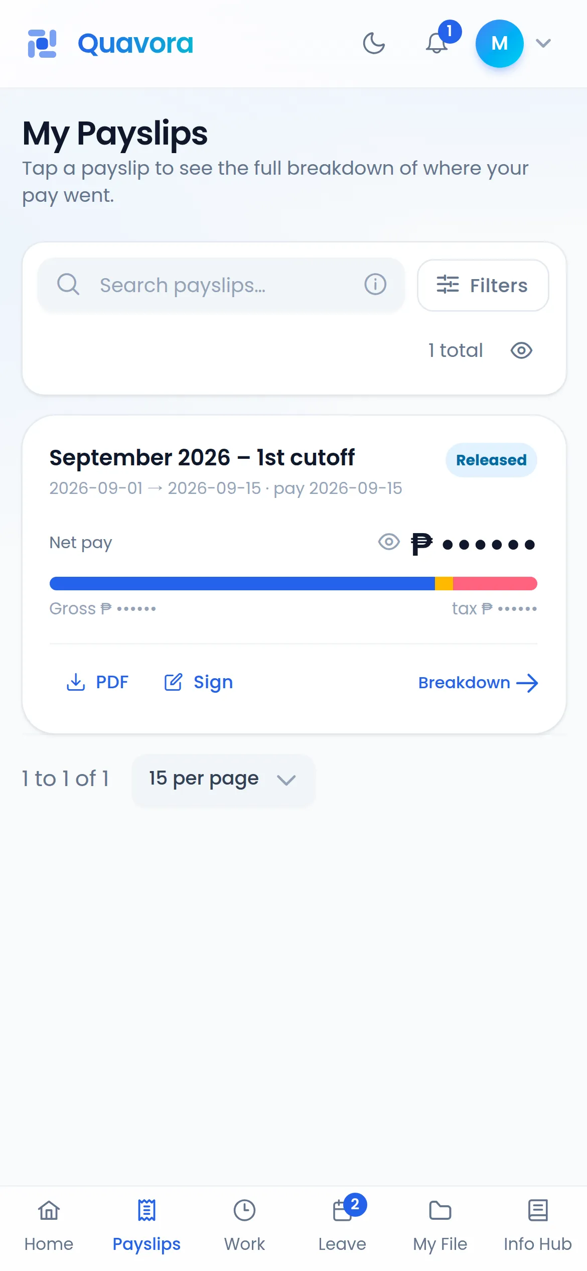 Quavora payslips on a phone