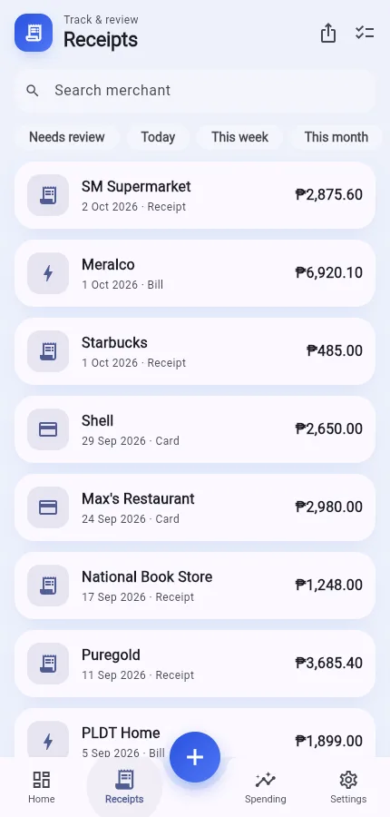 SnapSibo receipts list on a phone