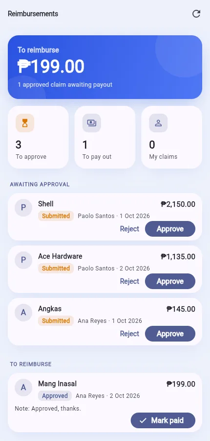 SnapSibo Reimbursements screen on a phone