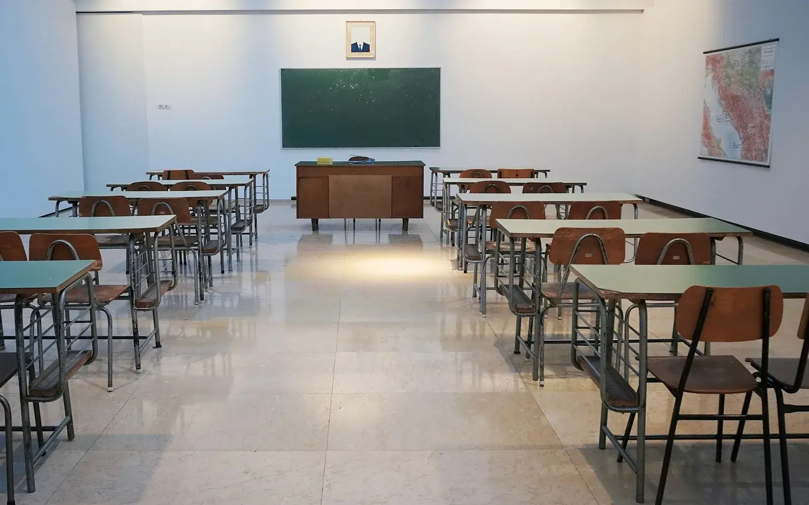 Review classroom with rows of desks