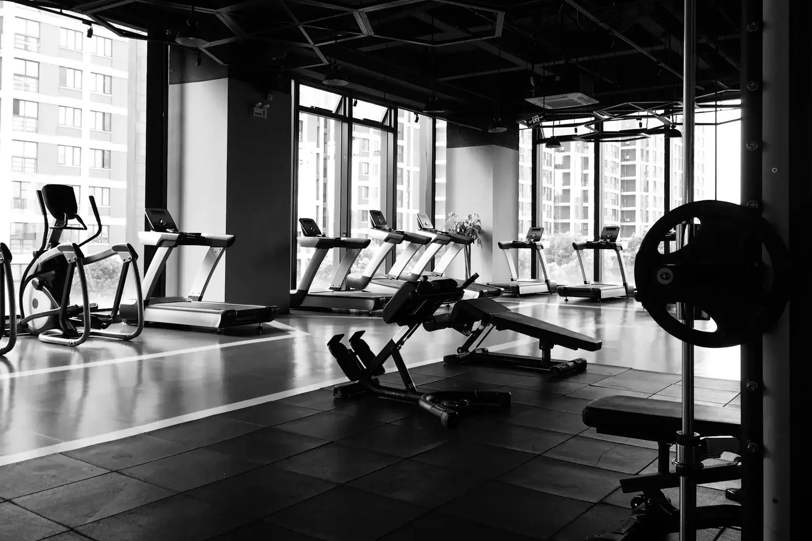Barbells and plates on the Lakas gym floor